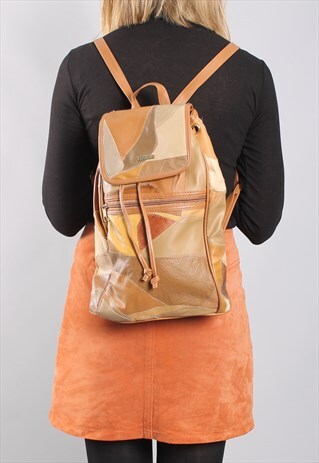 VINTAGE 90S PATCHWORK TAN LEATHER BACKPACK RUCKSACK