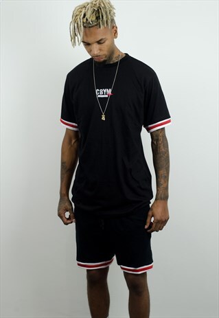 JERSEY BLACK SHORTS WITH RED AND WHITE STRIPE PATTERN