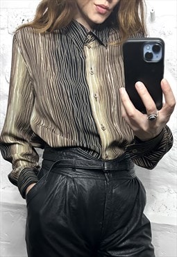 Printed Retro Brown Classy Shirt / Blouse - Large 