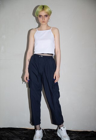 80S VINTAGE NAVY BLUE HIGH WAIST CARGO PANTS . UNISEX