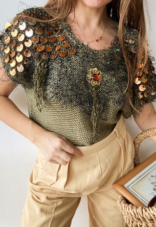 VINTAGE 80S BEJWELLED KNITTED HAUTE BOHEME BLOUSE TOP