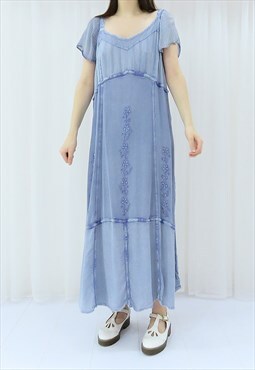 Y2K Vintage Blue Floral Maxi Dress (Size L)