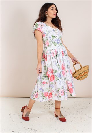 VINTAGE 90S FLORAL PRINT MIDI SPLIT DRESS