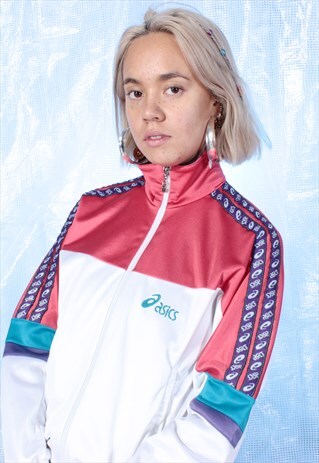 VINTAGE ASICS WHITE, PINK AND TEAL TRACK JACKET