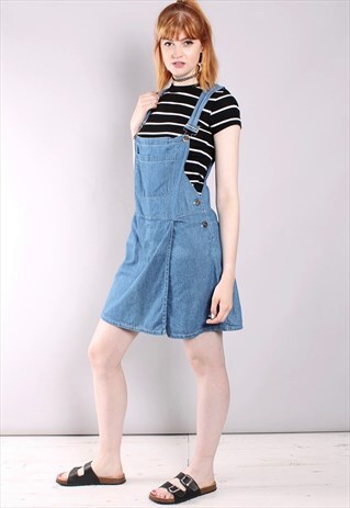 VINTAGE 90S SKORT SHORT DUNGAREES IN BLUE DENIM