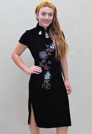 VINTAGE CHINESE BLACK VELVET EMBROIDERED BEADED MIDI DRESS
