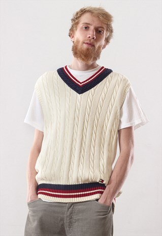 VINTAGE MENS TOMMY HILFIGER GOLF LOGO CABLE KNIT GILET VEST
