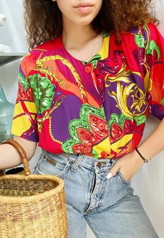 VINTAGE 80S ART NOUVEAU CHAIN PRINT BOHEME BLOUSE TOP
