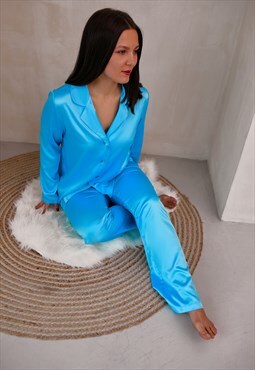Blue satin pajama set Sleep pants and shirts Sleepwear set 