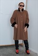 Vintage 60s Long Faux Fur Detail Wool Bell Coat in Brown M