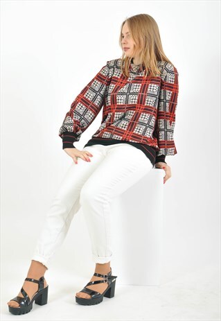 VINTAGE TURTLE NECK CHECKED BLOUSE