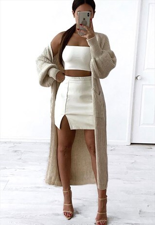 BEIGE OVERSIZED BALLOON SLEEVE LONG KNITTED MAXI CARDIGAN