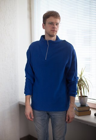 VINTAGE 80'S BLUE COTTON HIGH COLLAR JUMPER