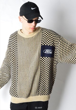 REWORKED VINTAGE 90S RACING CHECK STRIPED JUMPER X FORD