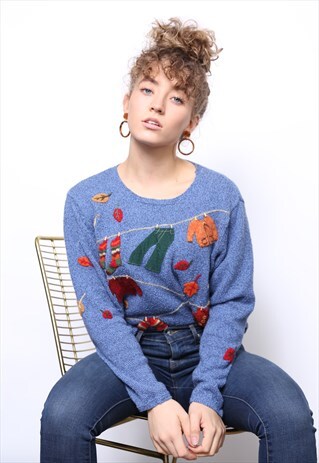 VINTAGE 90S BLUE AUTUMN EMBROIDERED JUMPER