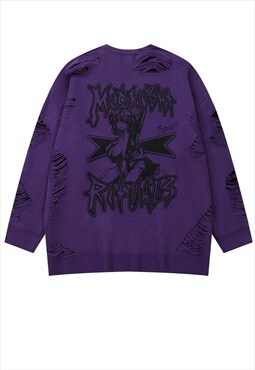 Anime sweat ripped grunge jumper distressed rave top purple
