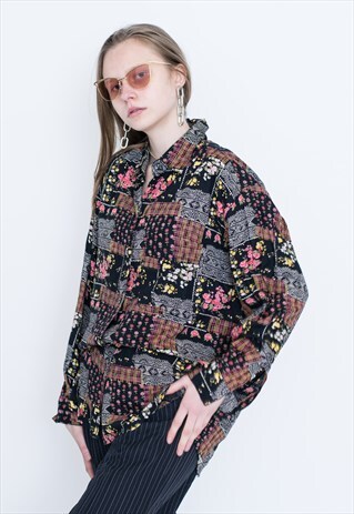 VINTAGE MULTI FLORAL PATTERNED LONG SLEEVE RETRO SHIRT