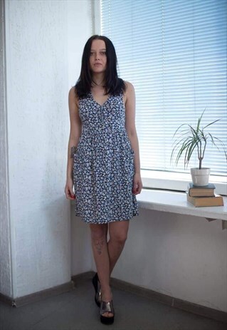 VINTAGE 90'S BLUE FLOWER PATTERNED SLEEVELESS DRESS