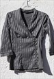 VINTAGE OLIVE GREEN STRIPED STRETCH WRAP STYLE SHIRT, BLOUSE