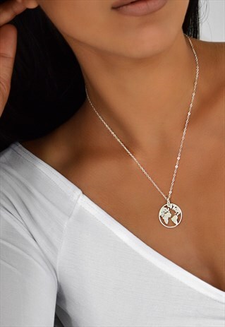 JET STERLING SILVER NECKLACE LARGE WORLD MAP GLOBE CHARM