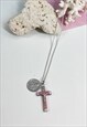 1960'S SILVER & PINK CROSS AND SAINT NECKLACE
