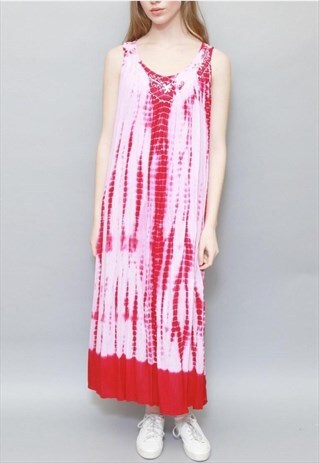 VINTAGE 1970'S PINK TIE DYE LOOSE HIPPY MAXI DRESS