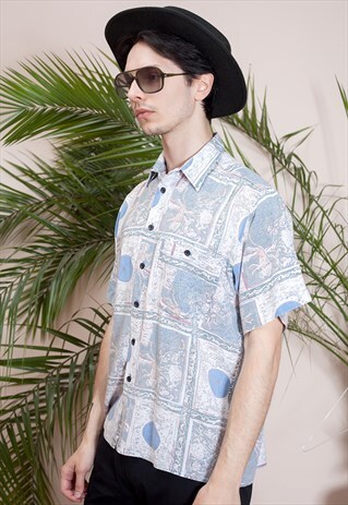 MENS VINTAGE SHORT SLEEVE, ABSTRACT, PRINT, BUTTON UP SHIRT