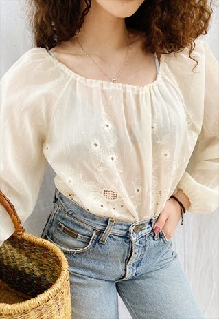 VINTAGE 70S COUNTRY SHEER MILKMAID TUNIC BLOUSE TOP BOHO
