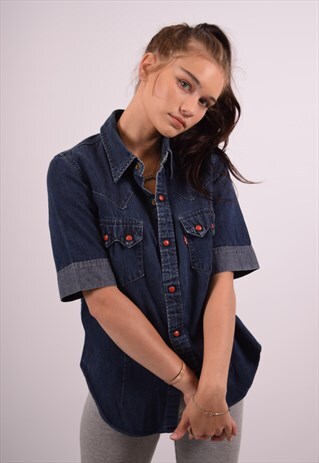 VINTAGE LEVI'S DENIM SHIRT SHORT SLEEVE NAVY BLUE