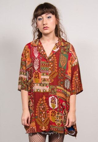 VINTAGE 90'S RED FLORAL PATTERN OVERSIZED SHORT SLEEVE SHIRT