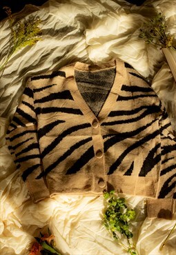 Beige Zebra Print Knit Border Cardigan