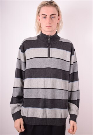 NAUTICA MENS VINTAGE JUMPER SWEATER XL GREY STRIPES 90S