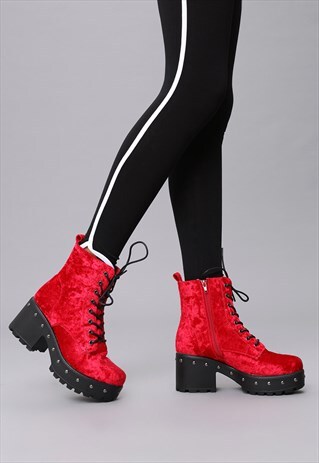 RED STUDDED MILITARY CRUSHED VELVET PLATFORM BOOTS