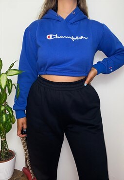 Vintage Reworked Champion Blue Spell Out Cropped Hoodie