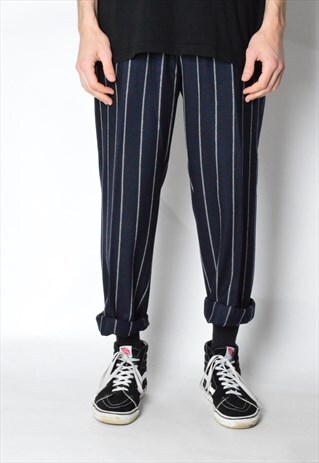 VINTAGE 80S NAVY BLUE STRIPED WOOL BLEND PANTS