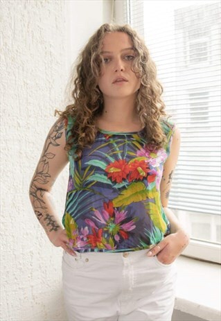 VINTAGE 70'S FLORAL PRINT MULTICOLOUR CROP TOP