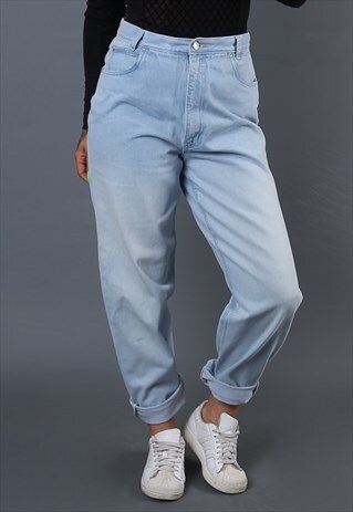 HIGH WAISTED DENIM JEANS TAPERED LEG UK 10 12 VINTAGE (B6CE)