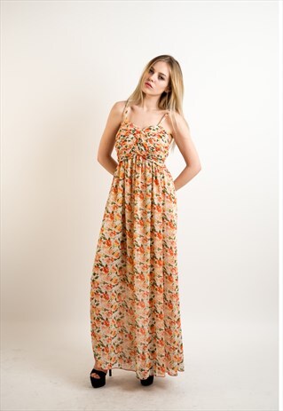 CHIFFON PLEATED BUST & FLORAL PRINT MAXI DRESS (YELLOW)