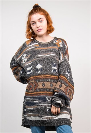 90'S VINTAGE GREY PATTERNED OVERSIZE GRANDAD KNIT JUMPER