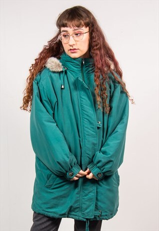 VINTAGE 90'S GREEN OVERSIZED FAUX FUR LONG PARKA COAT