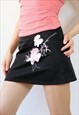 90S VINTAGE MINI SKIRT A-LINE PINK FLORAL BLACK PREPPY 