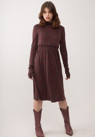 VINTAGE TURTLENECK DOTTY BURGUNDY MIDI DRESS