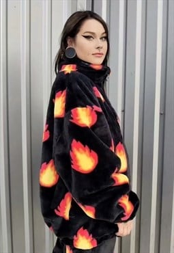 Flame fleece jacket handmade fire bolt bomber in black