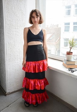 Vintage Bohemian Black Maxi Frill Flamenco Style Skirt