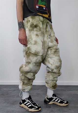  TIE-DYE FAUX FUR JOGGERS FLEECE PANTS 2 IN 1 TROUSER SHORTS