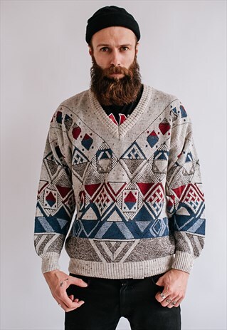 VINTAGE 80S FUNKY V NECK GRANDADS JUMPER