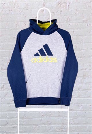 VINTAGE ADIDAS HOODIE SPELL OUT GREY BLUE LARGE
