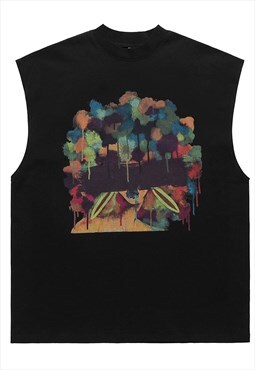 Abstract print sleeveless tshirt Gothic tank top surfer vest