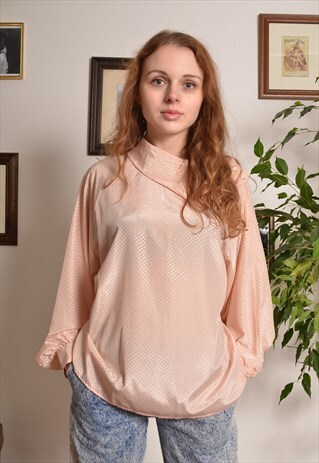 VINTAGE 80S SPOTTY SATIN BLOUSE IN LIGHT PINK