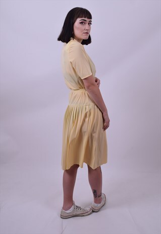 VINTAGE 80'S YELLOW DROPPED WAIST GRANNY DRESS SIZE 12 14